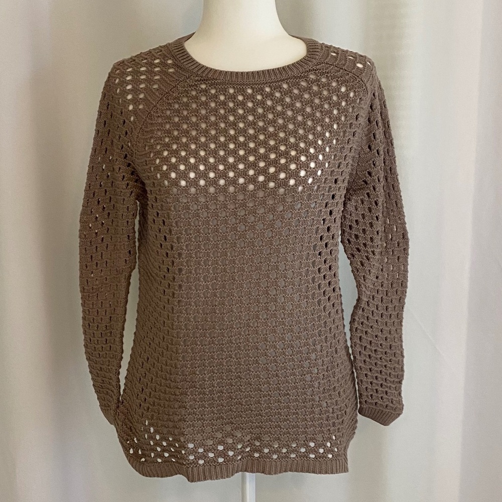 Cynthia Rowley Sweater Open Weave 3/4 Length Sleeve Tan-Size Large